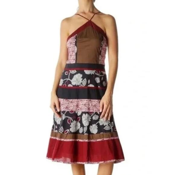BCBGMaxAzria Halter A-line Dress Size 4 Boho Floral Patchwork Burgundy Navy - Picture 3 of 9
